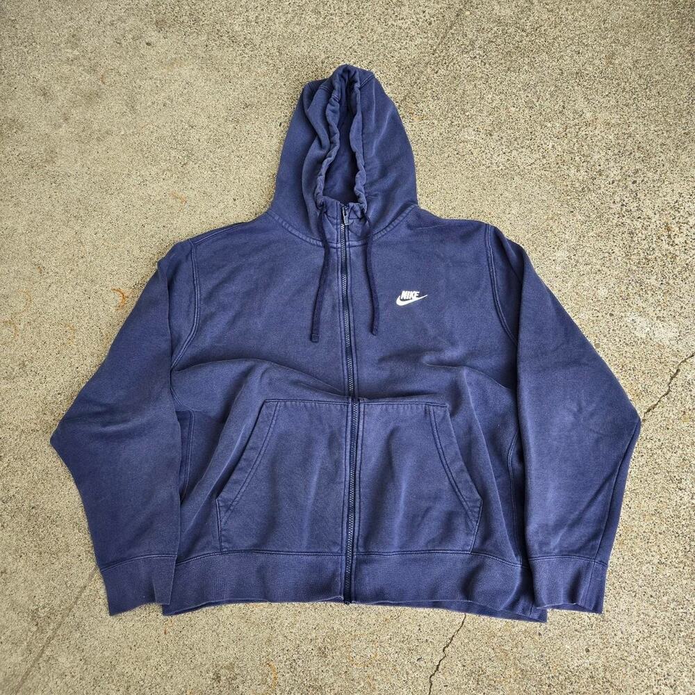 Vtg Y2k NIKE Swoosh Spellout Logo Athletic Zip Up Hooded Sweatshirt Navy Blue XL